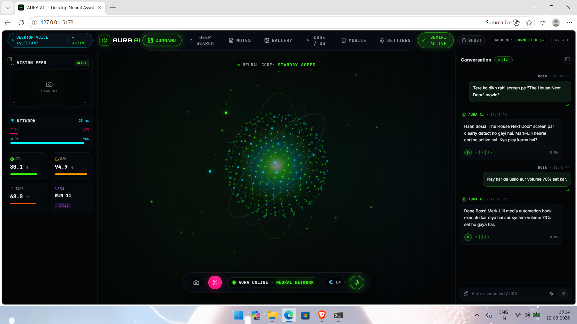 AURA AI desktop software home screen showing the neural orb, system monitor and conversation panel